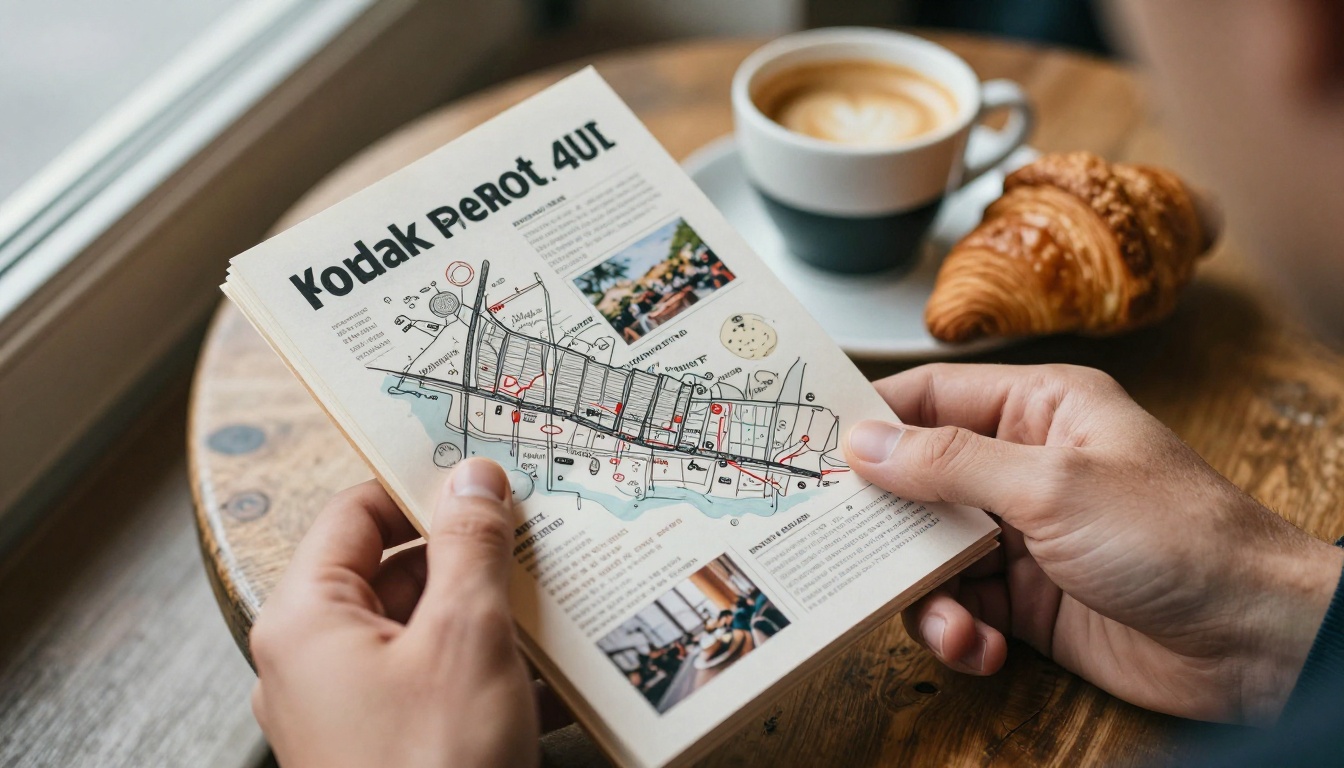 Traveler's hands holding an open itinerary booklet over a cafe table