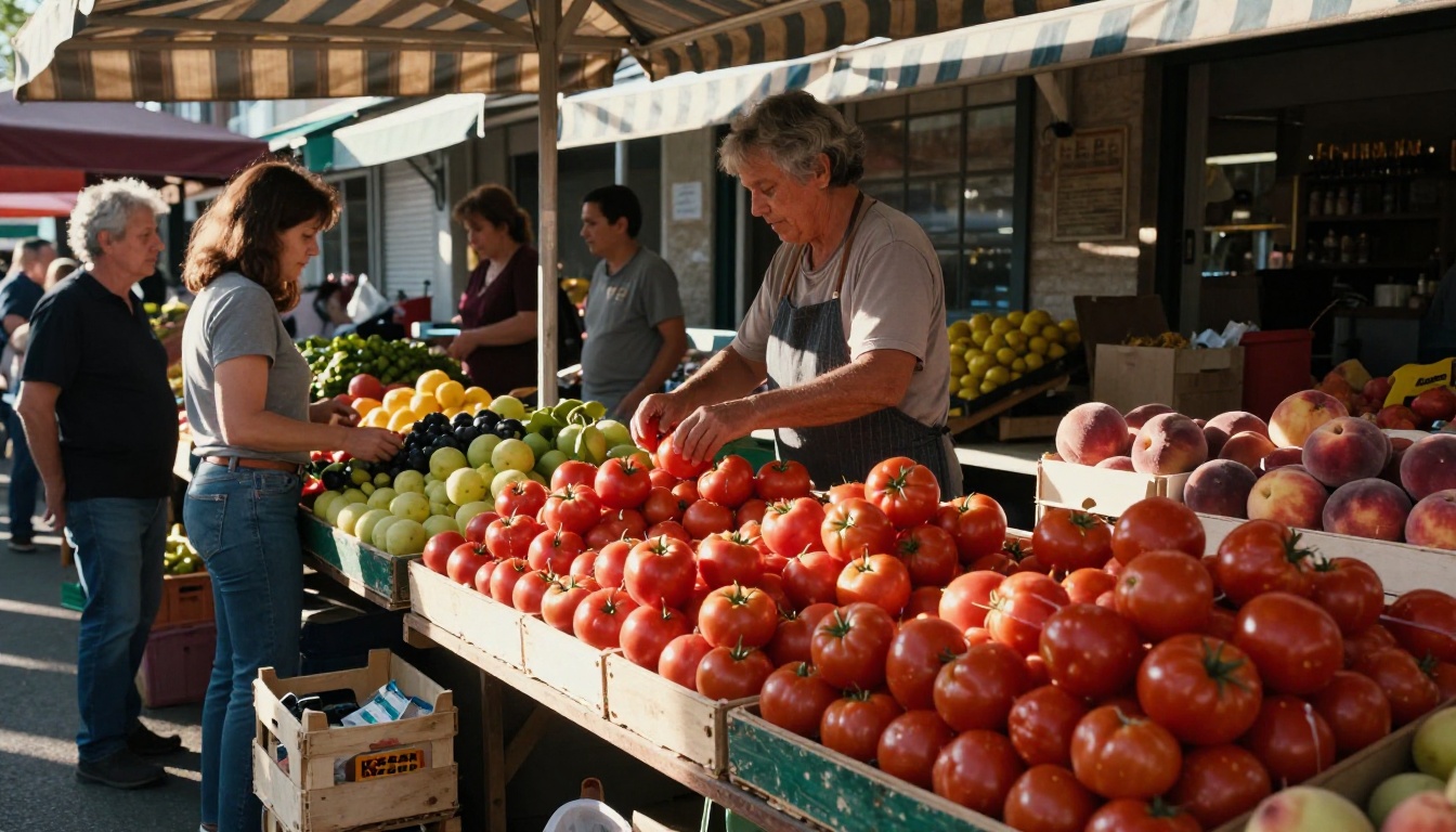 Low-angle view of a neighborhood produce market with striped awnings