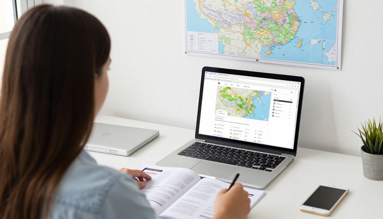 Tourism planner reviewing printed booklet spreads beside a laptop