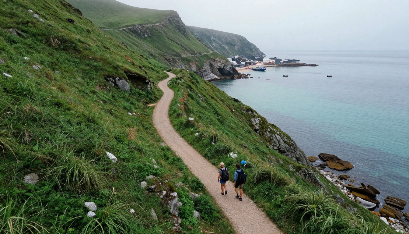 Aerial view of a coastal footpath above a quiet bay with two hikers