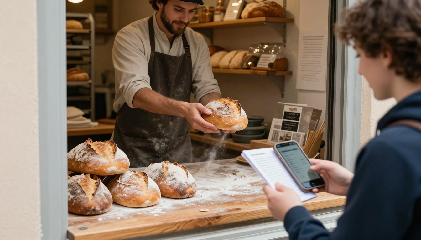 Baker handing a warm loaf to a traveler holding a phone with a digital booklet