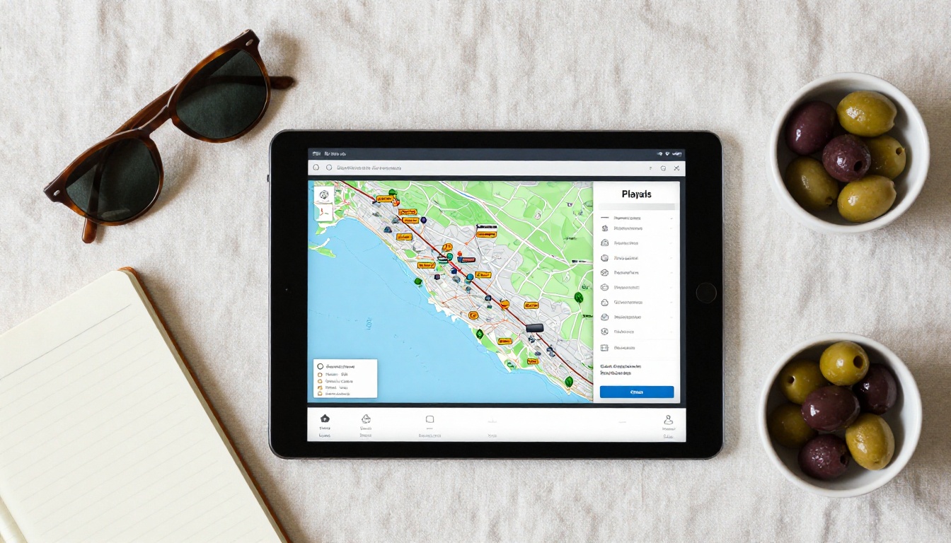 Flat lay with a tablet showing a digital travel booklet, map and notebook