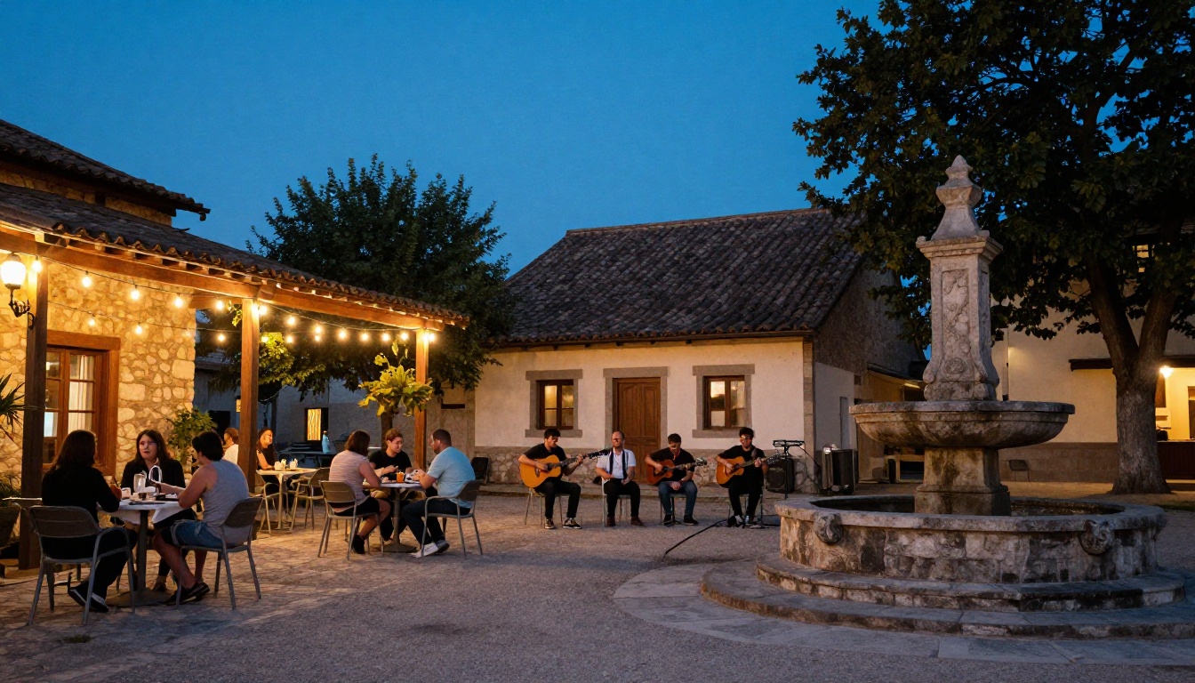 Village square at dusk with visitors and musicians