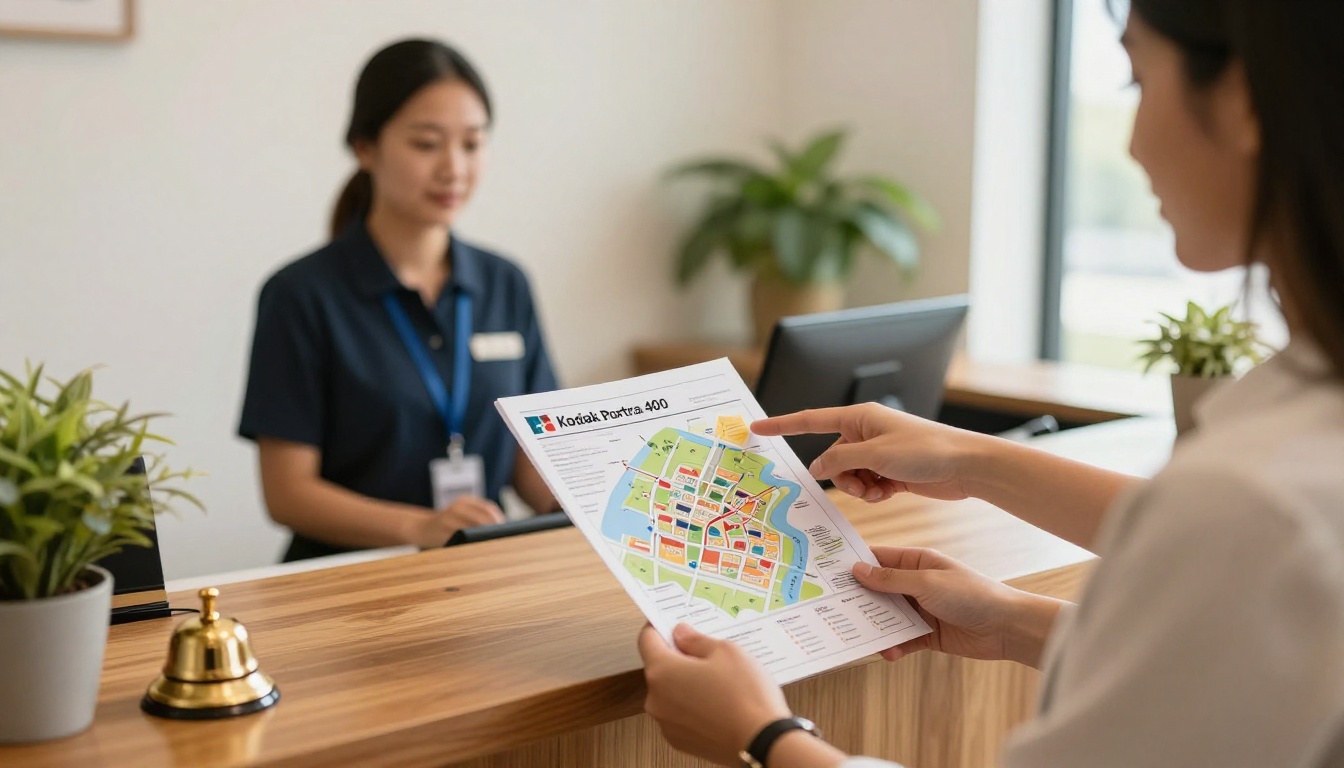 Hotel receptionist handing a guest a local itinerary booklet