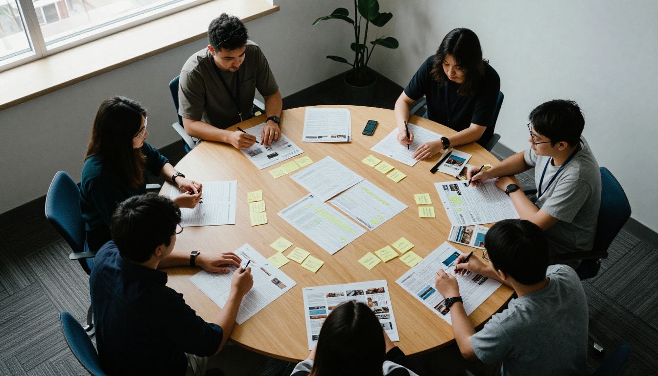 Small team planning ad placements around a meeting table in a nonprofit office