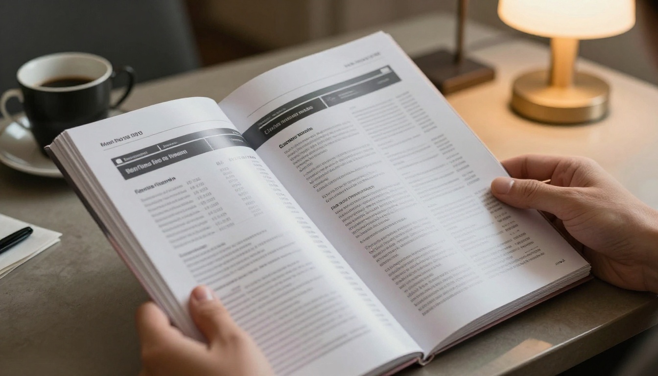 Hands holding an opened product catalog on a hotel desk Hands holding an opened product catalog on a hotel desk