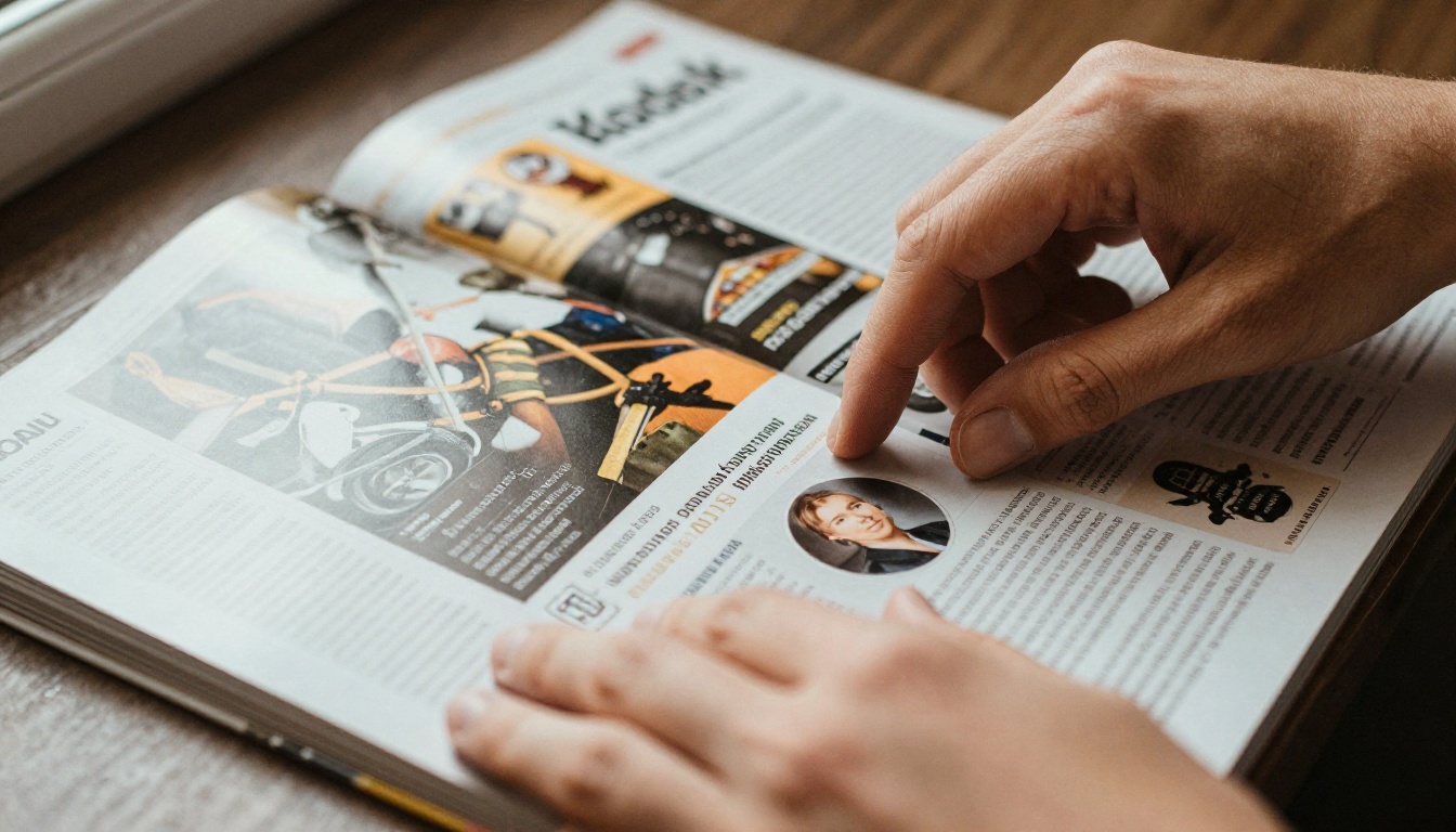 Hands flipping through a glossy printed magazine with sponsor ads