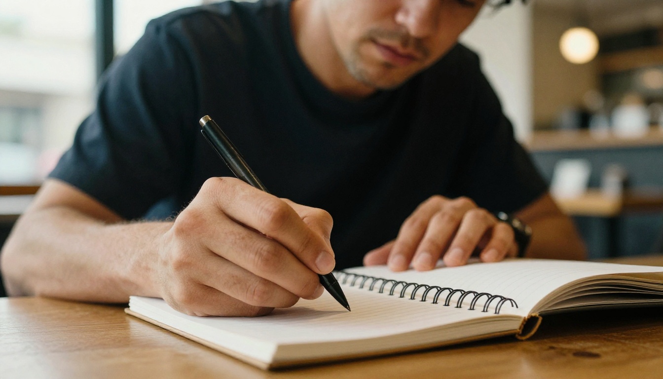 Client writing in a spiral workbook at a table Client writing in a spiral workbook at a table