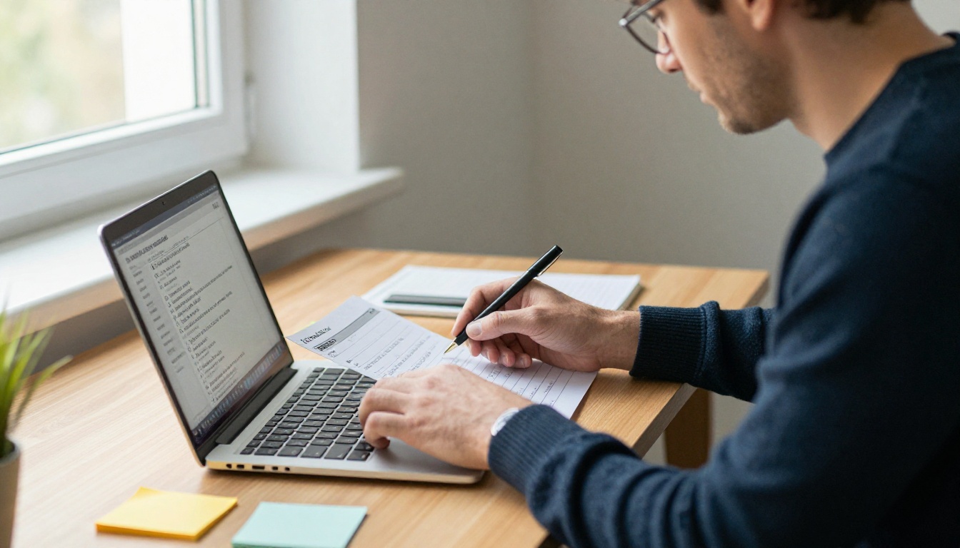 Man reviewing a lead list and follow-up notes at his desk Man reviewing a lead list and follow-up notes at his desk
