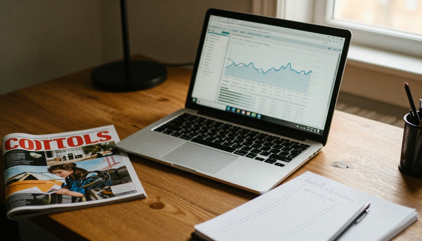 Laptop showing an analytics dashboard beside a printed magazine and handwritten notes