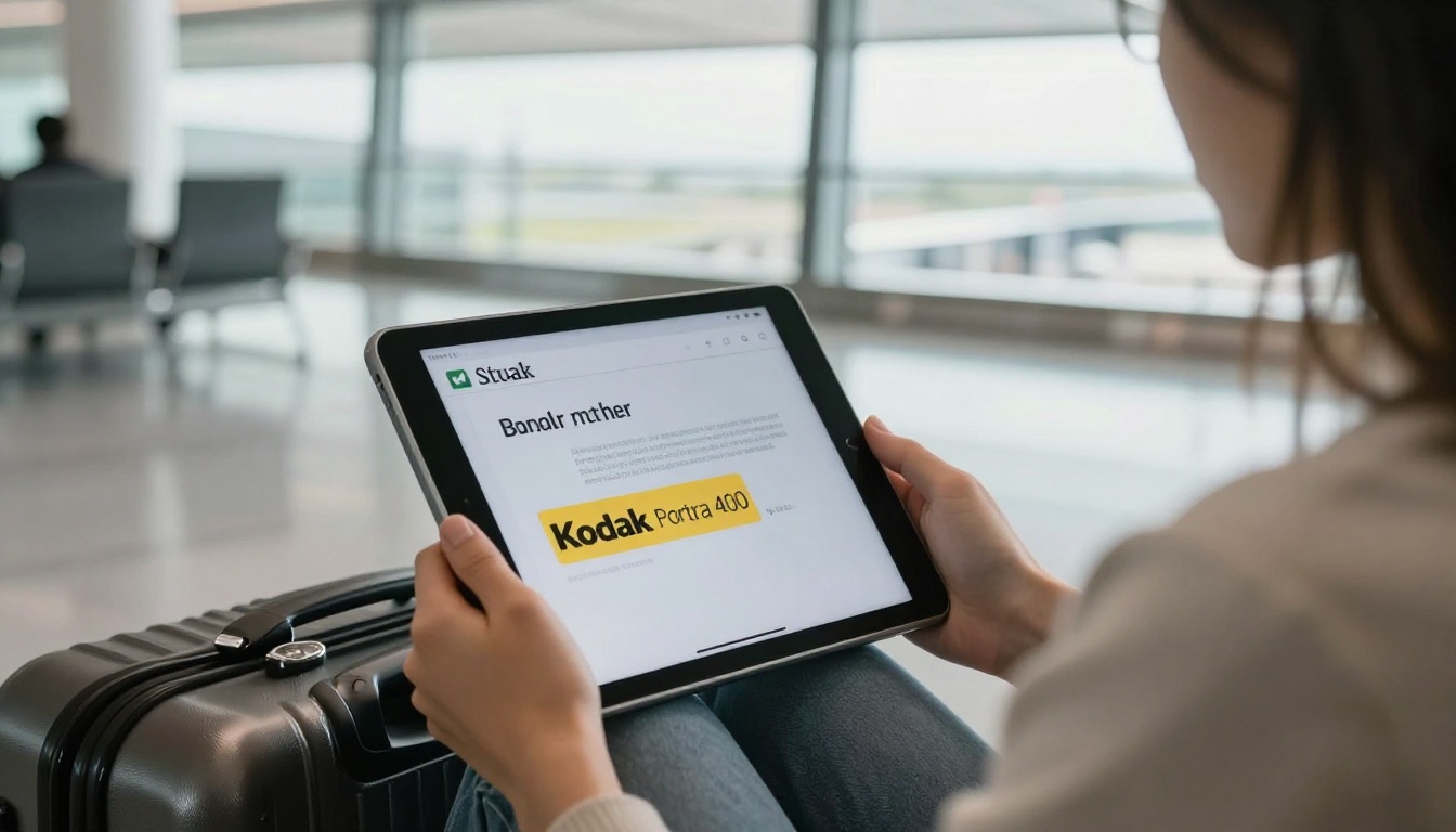 Woman reading a digital flipbook on a tablet in an airport lounge Woman reading a digital flipbook on a tablet in an airport lounge