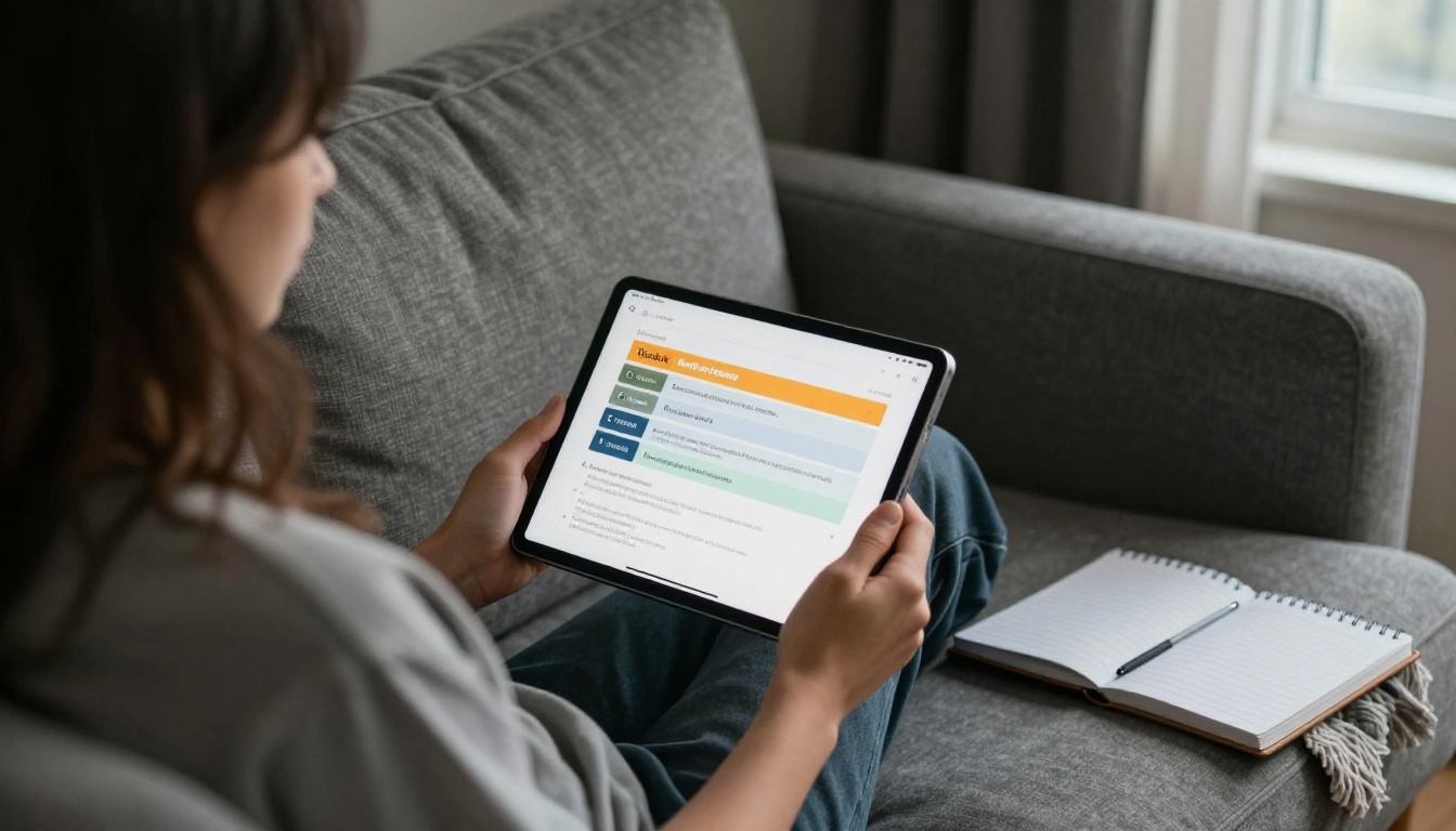 Woman on a sofa using a tablet to read a digital workbook Woman on a sofa using a tablet to read a digital workbook