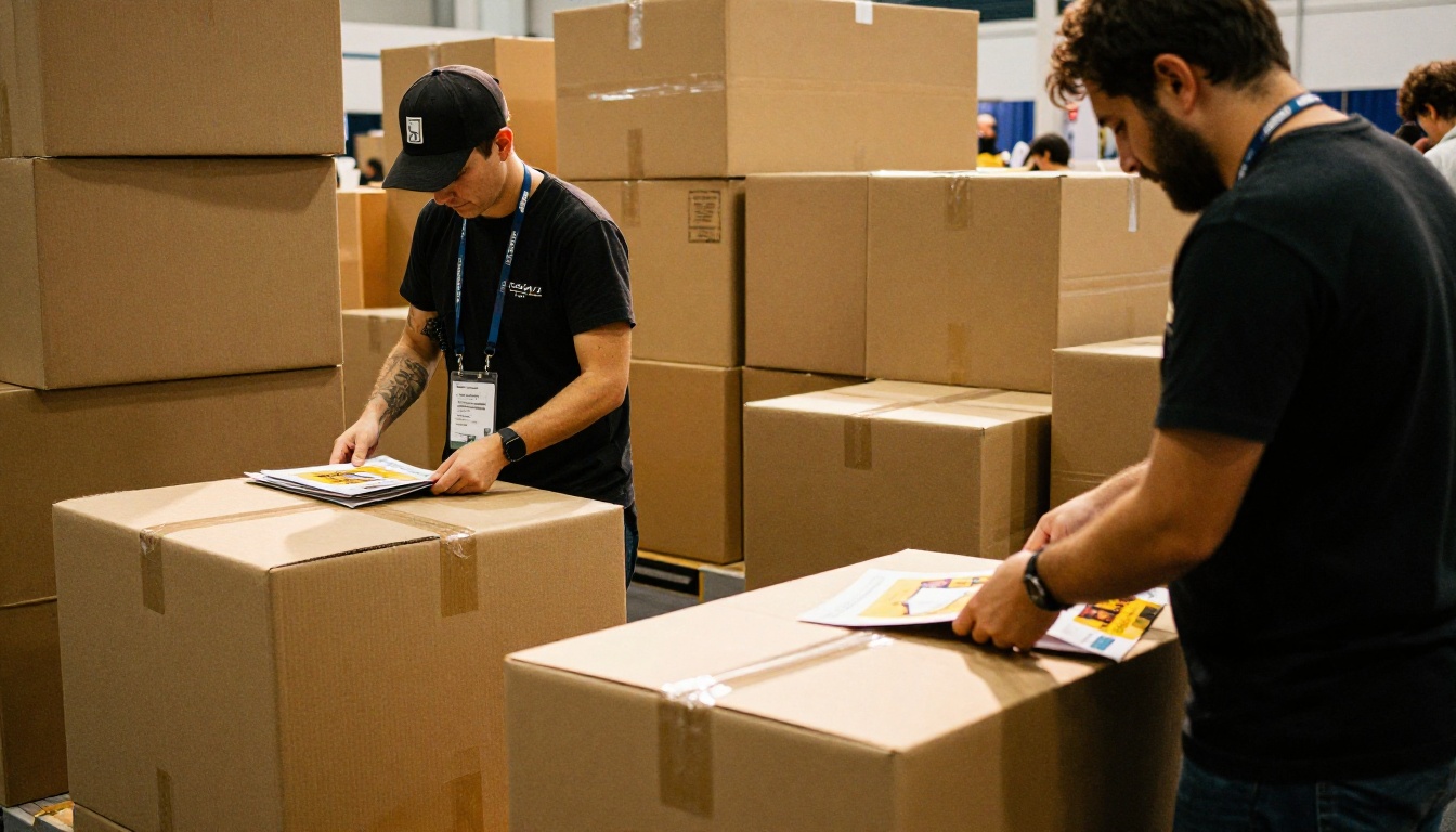 Exhibitors packing leftover printed materials at the end of a show day Exhibitors packing leftover printed materials at the end of a show day