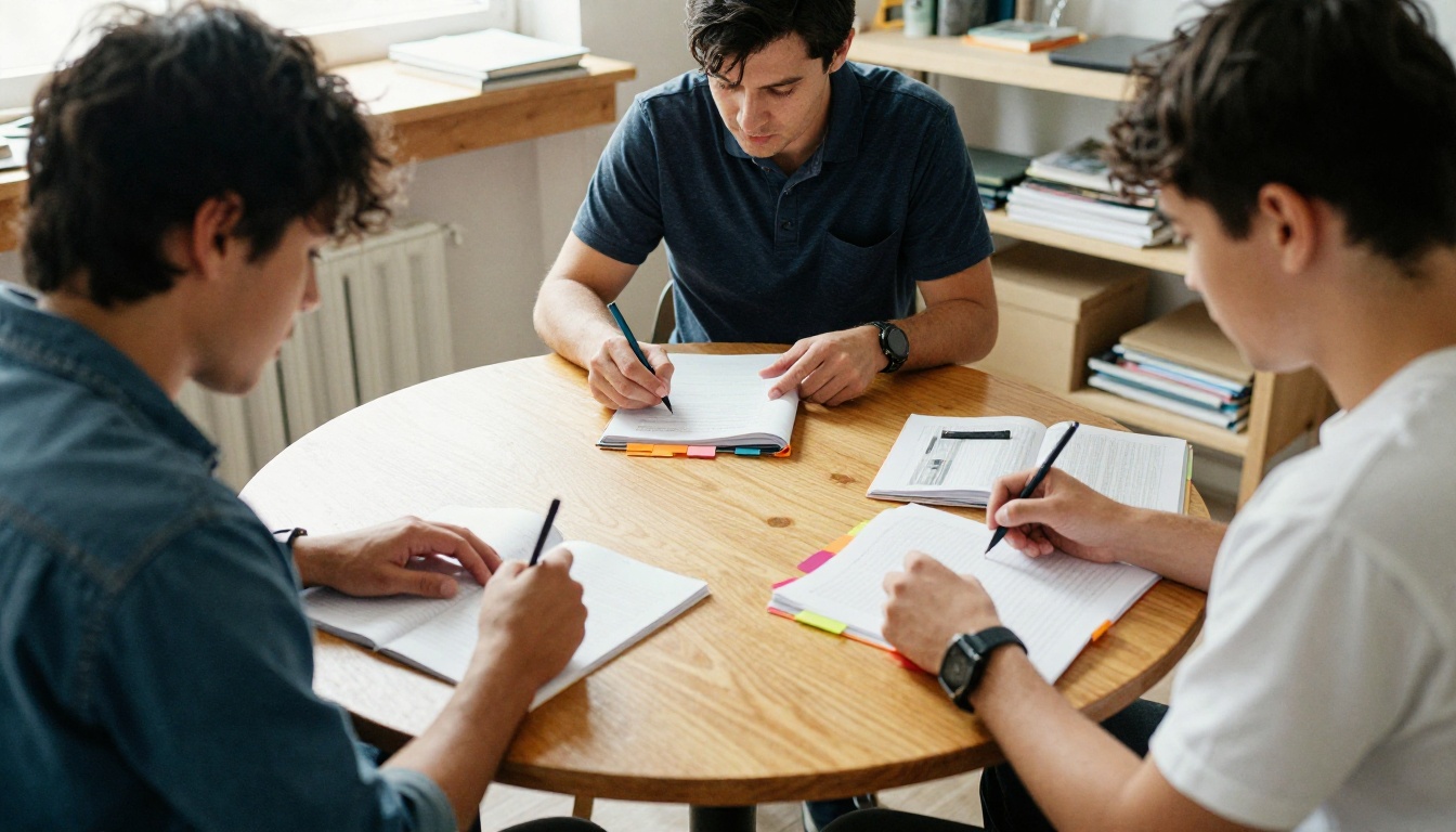Coach with two clients around a round table with workbooks open Coach with two clients around a round table with workbooks open