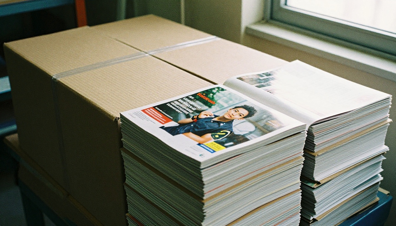 Printed association magazines packed in mailing boxes with one issue open to a sponsor ad