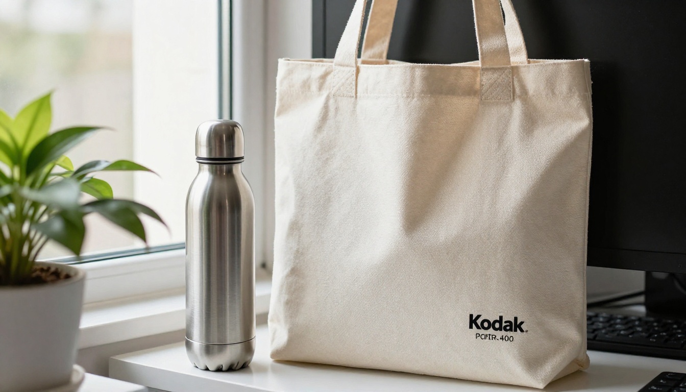 Canvas tote bag and steel bottle on a sunlit shelf Canvas tote bag and steel bottle on a sunlit shelf