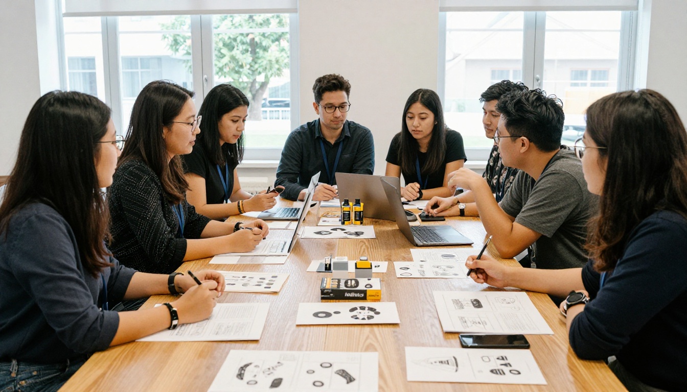 Marketing team planning booth giveaways around a table Marketing team planning booth giveaways around a table