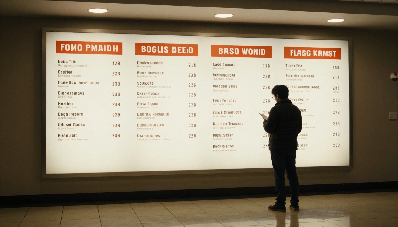 Customer standing in front of a large illuminated menu board with four clear columns