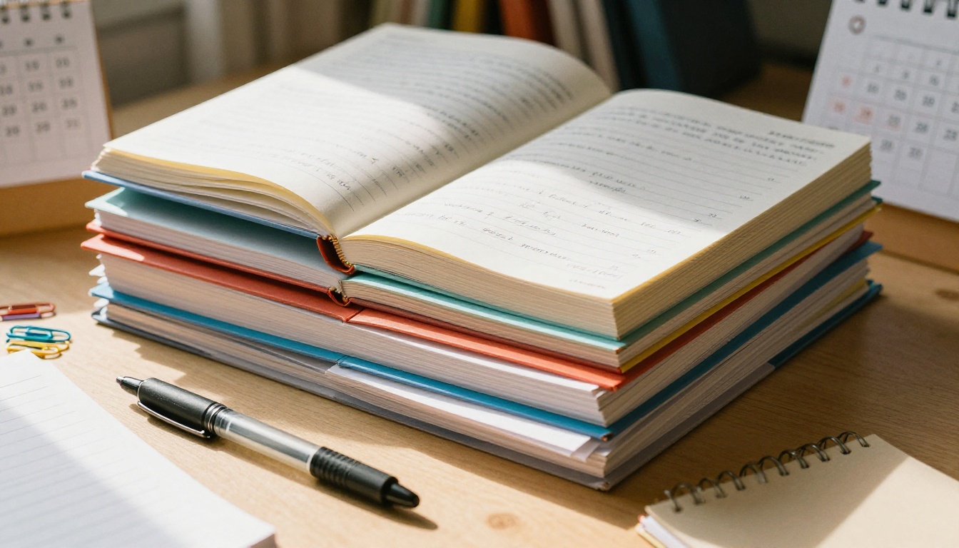 Stack of workbooks of different thicknesses on a desk Stack of workbooks of different thicknesses on a desk