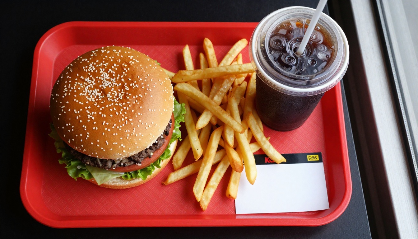 Overhead view of a burger, fries and cold drink on a red tray beside a number card