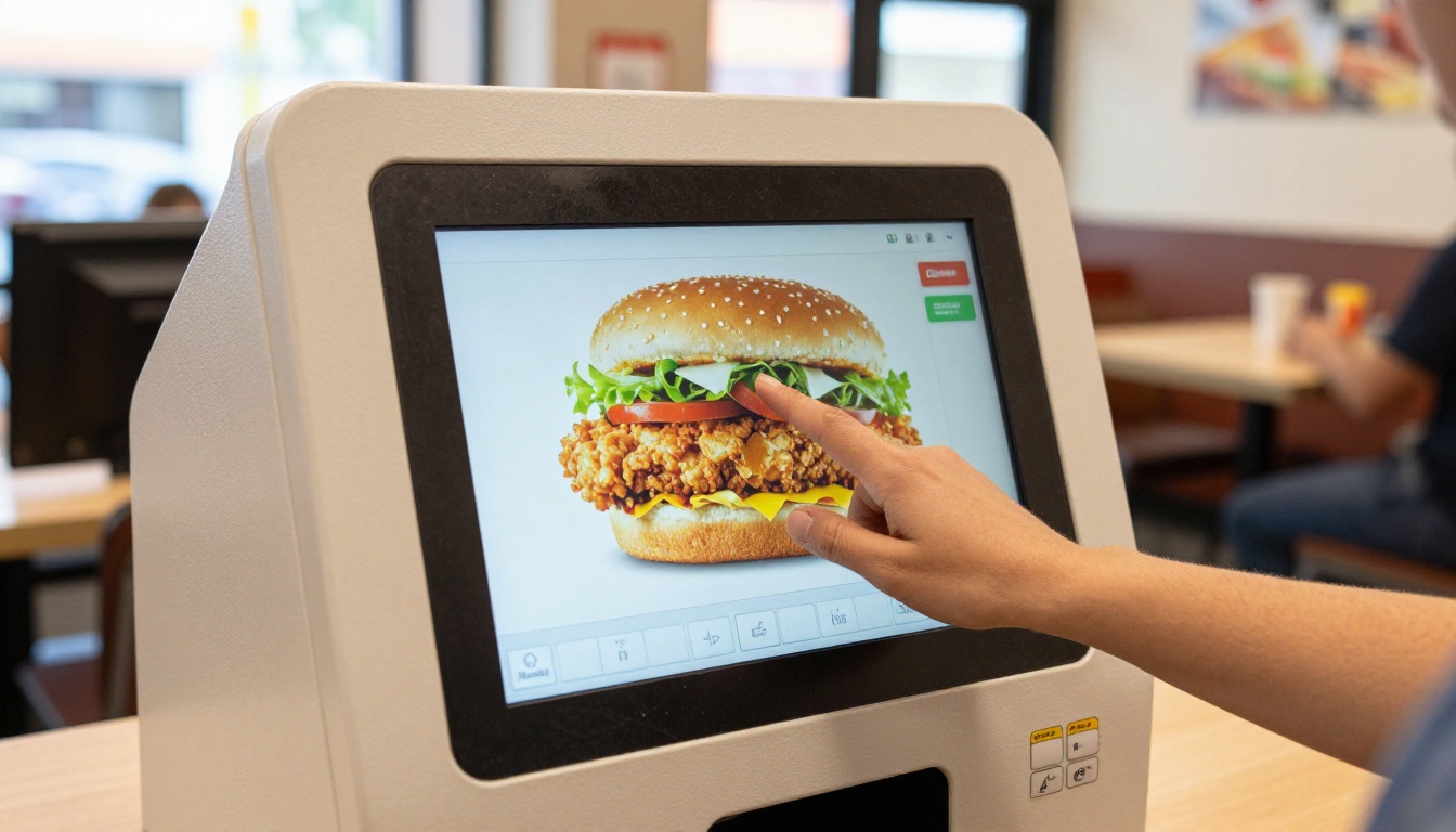 Customer reading a simple self-order kiosk with large photo tiles