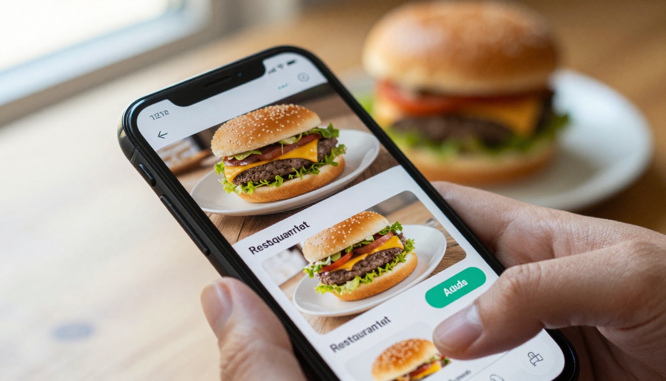 Hand holding a smartphone showing a digital restaurant menu with burger photos