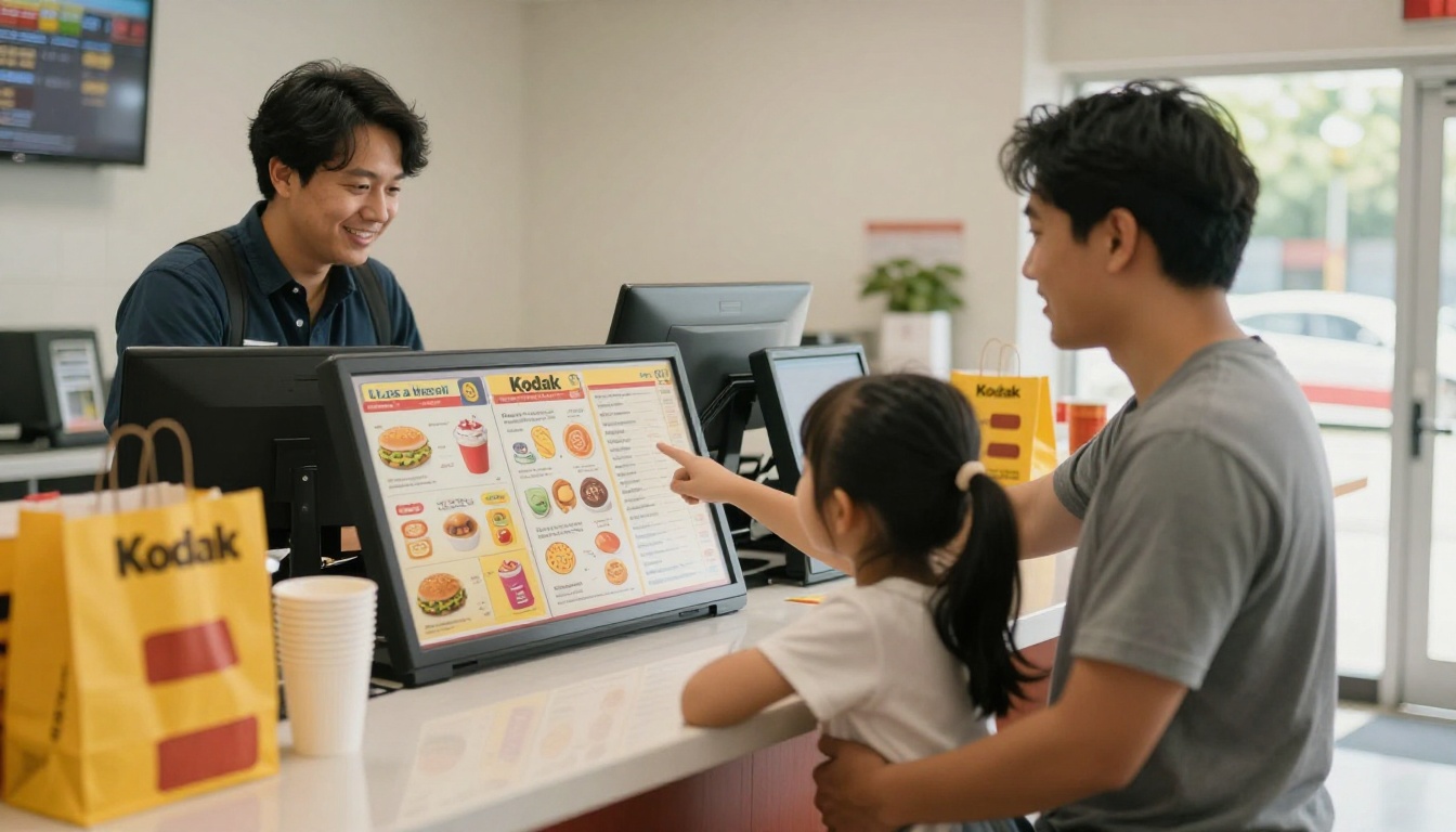 Family at a fast food counter with a child pointing at a kids meal section