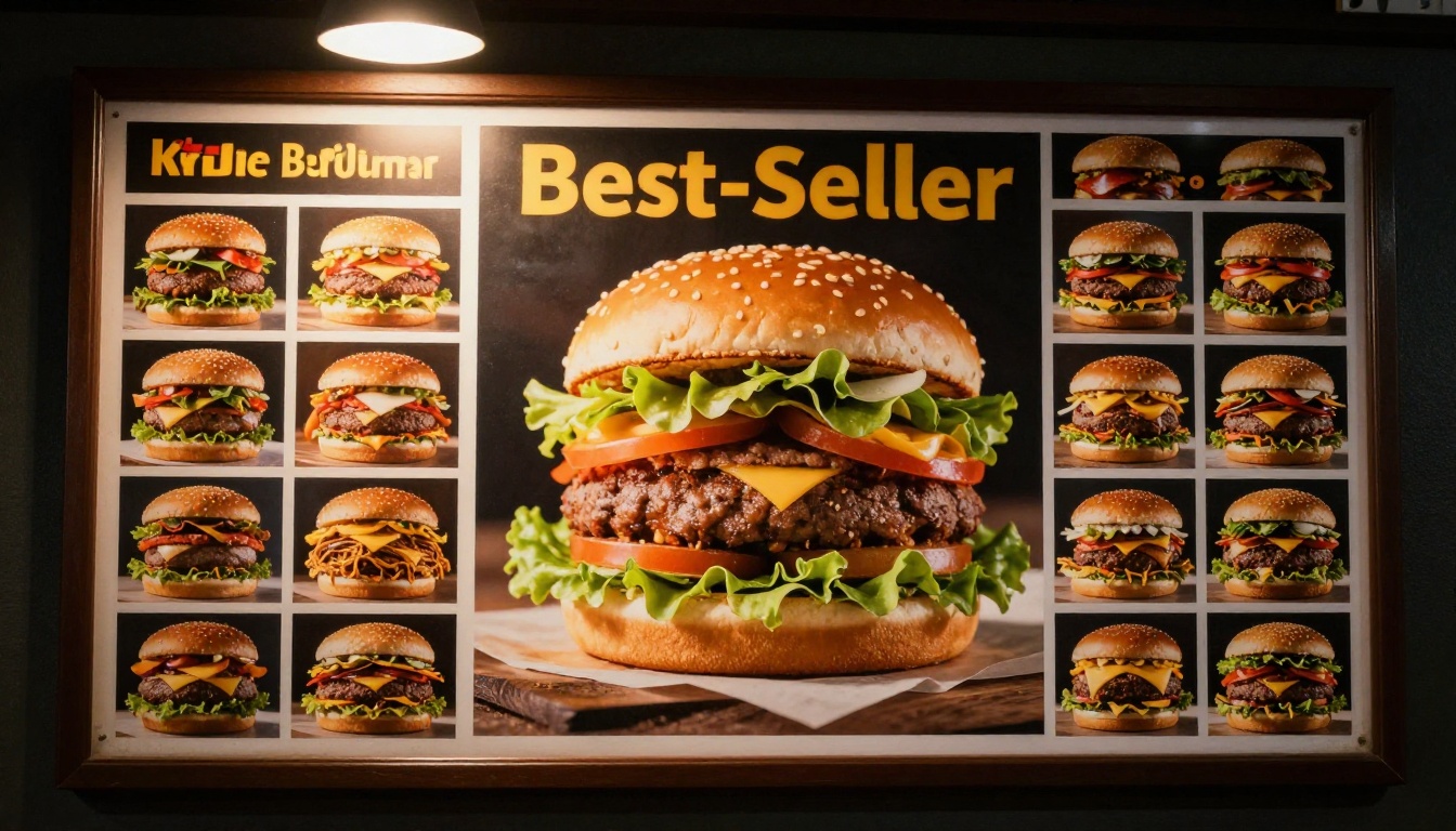 Best seller burger highlighted larger than other items on a menu board