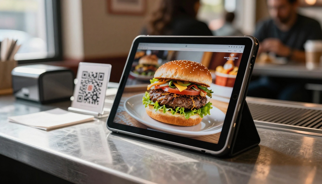 Tablet on a restaurant counter showing a page-turning digital menu flipbook next to a QR stand
