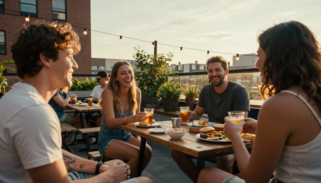 Neighbors laughing at a rooftop barbecue