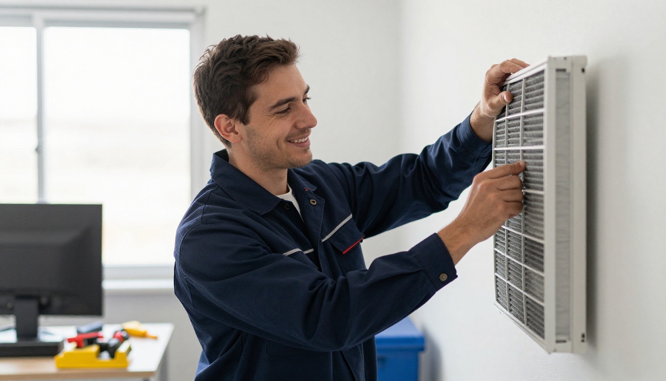 Maintenance technician changing an air filter