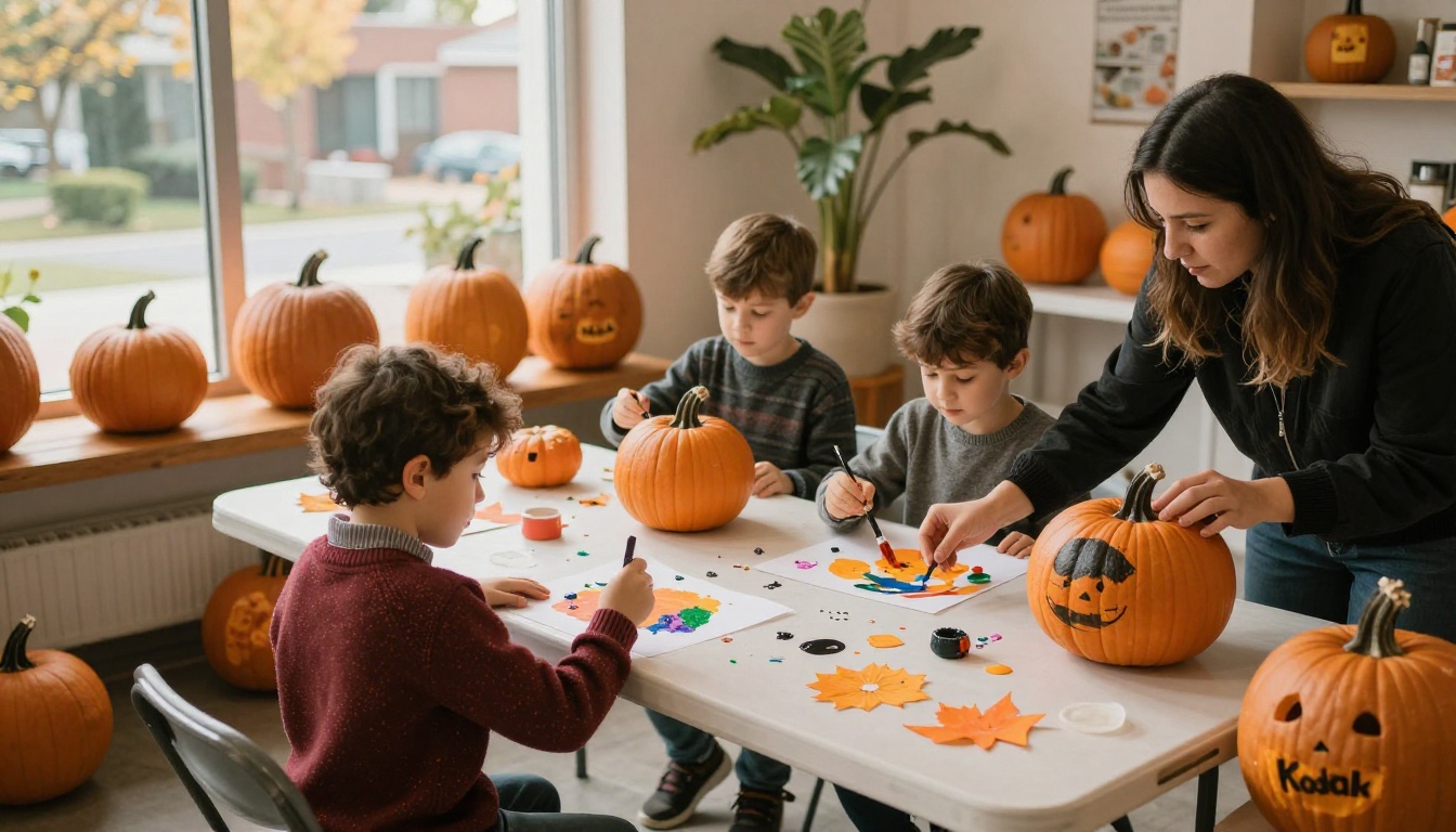 Children decorating pumpkins at a lobby event