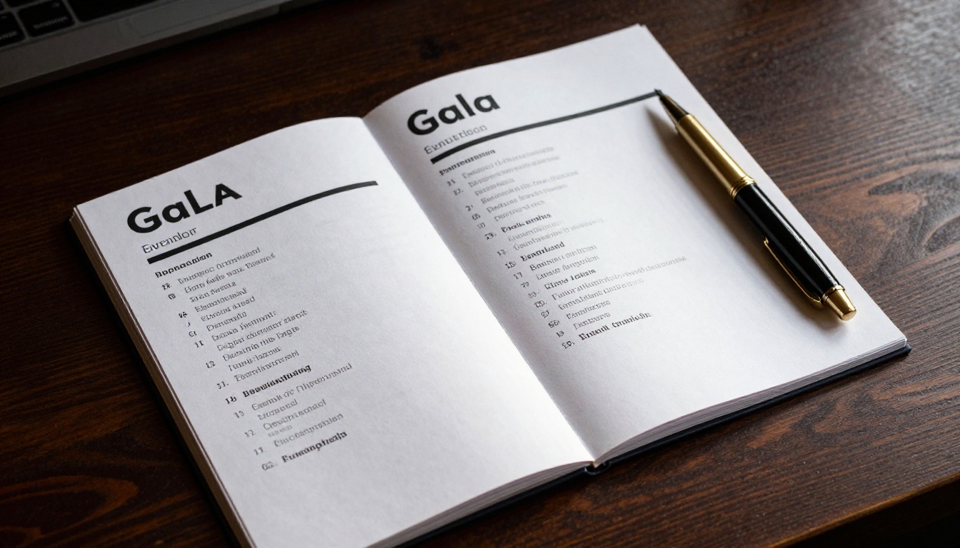 Overhead view of a gala program booklet open to an evening agenda page Overhead view of a gala program booklet open to an evening agenda page