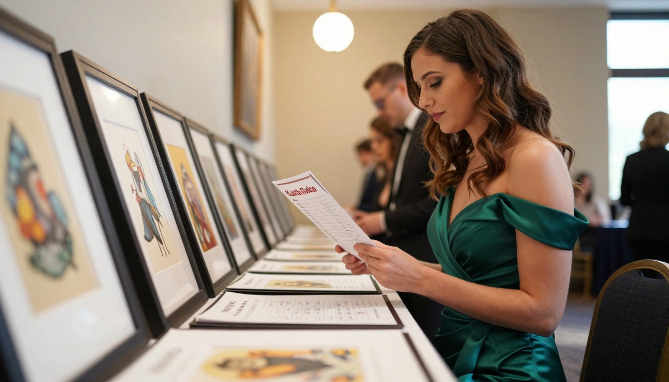 Woman in an emerald evening gown holding a program at a silent auction table Woman in an emerald evening gown holding a program at a silent auction table