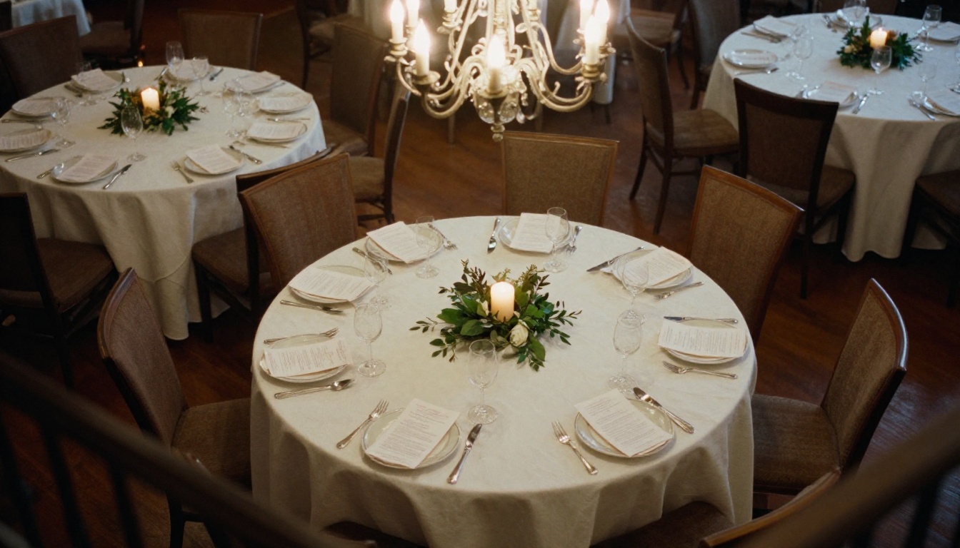 Round banquet tables viewed from above with a program booklet at each place setting Round banquet tables viewed from above with a program booklet at each place setting