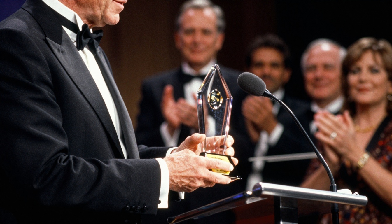 Older man in a tuxedo receiving a glass award on stage beside a podium Older man in a tuxedo receiving a glass award on stage beside a podium