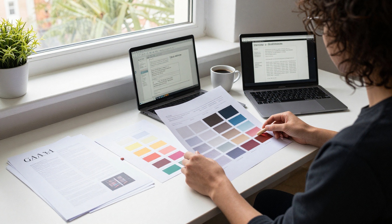 Designer arranging printed gala booklet layout proofs and color swatches at a desk Designer arranging printed gala booklet layout proofs and color swatches at a desk