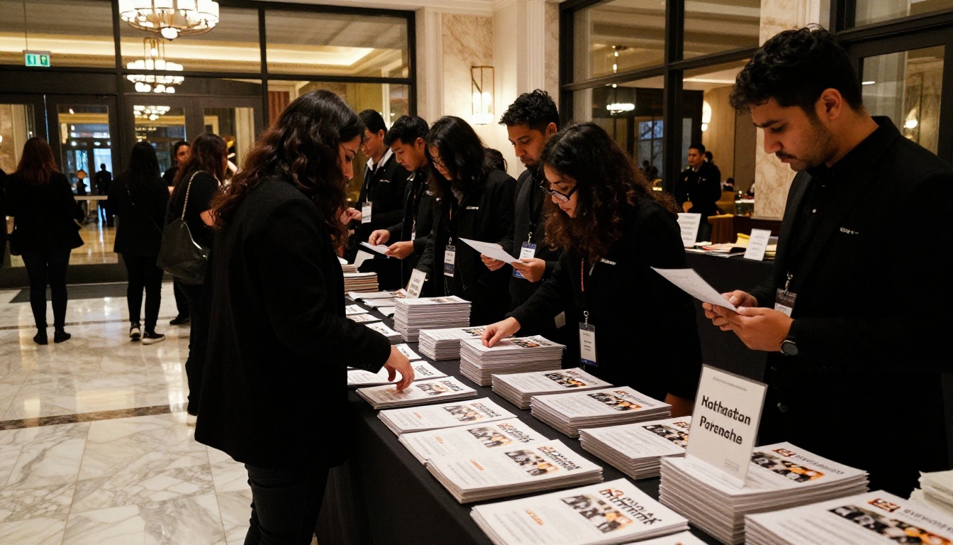 Volunteers stacking printed booklets and signage on a registration table Volunteers stacking printed booklets and signage on a registration table
