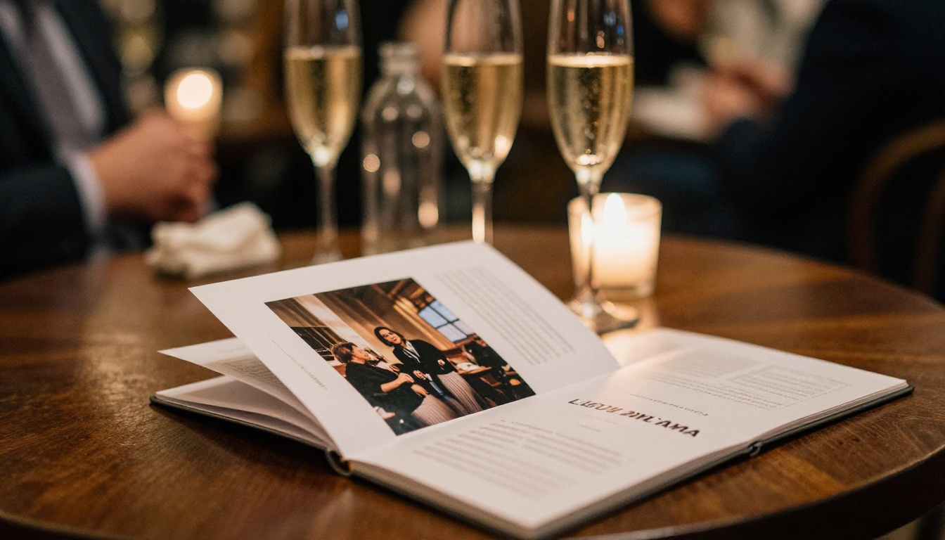 Tablet showing a digital program booklet on a cocktail table beside champagne flutes Tablet showing a digital program booklet on a cocktail table beside champagne flutes