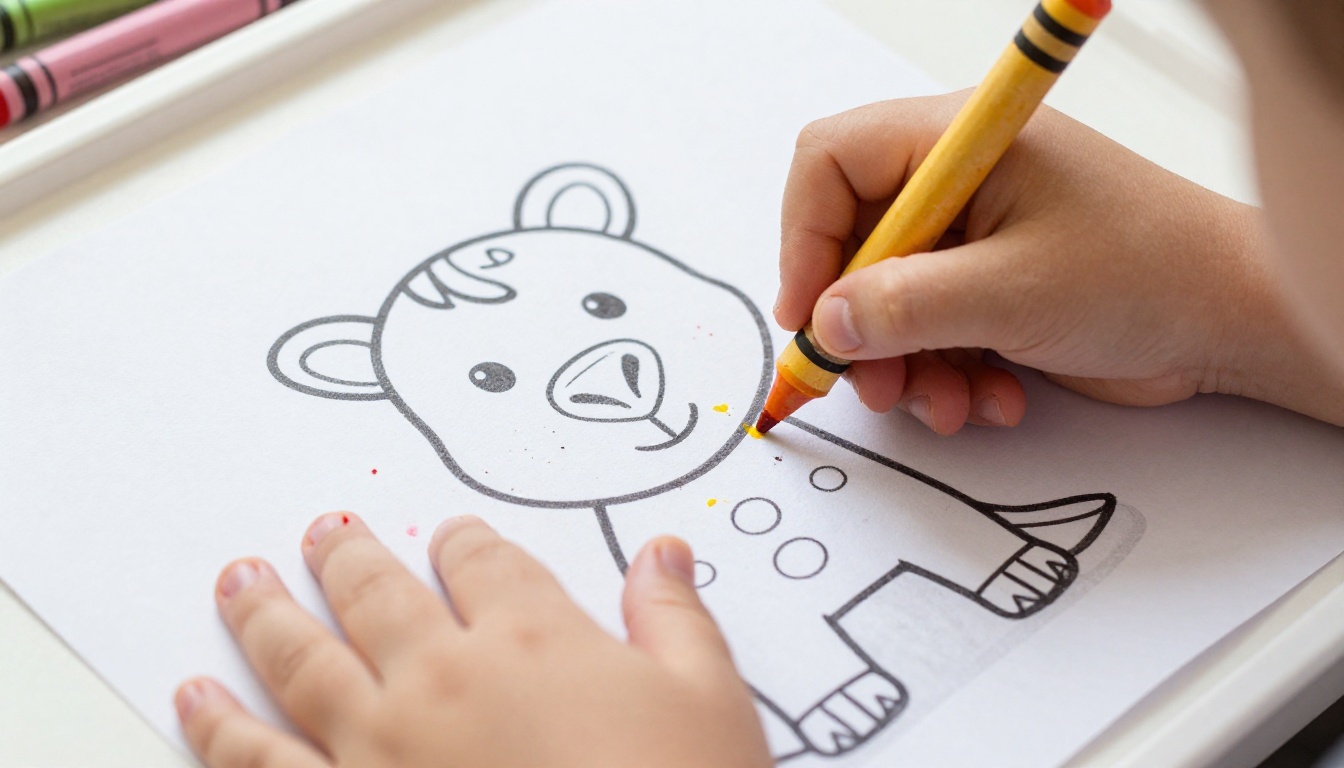 Toddler hands holding jumbo crayons over an animal outline Toddler hands holding jumbo crayons over an animal outline
