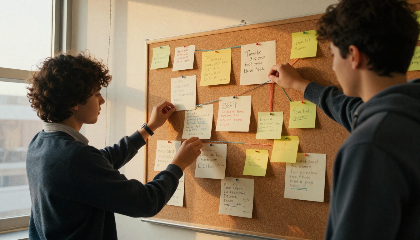 Two students pinning story cards on a corkboard Two students pinning story cards on a corkboard