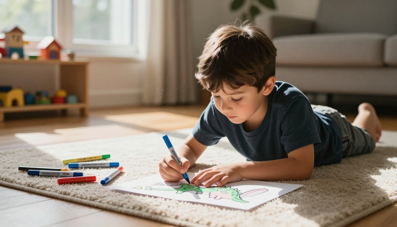 Boy lying on a rug coloring a dinosaur page with markers Boy lying on a rug coloring a dinosaur page with markers