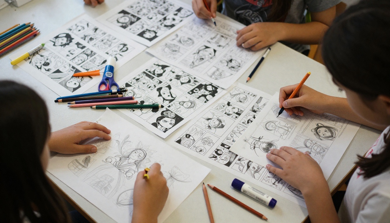 Overhead view of comic pages arranged on a library table Overhead view of comic pages arranged on a library table