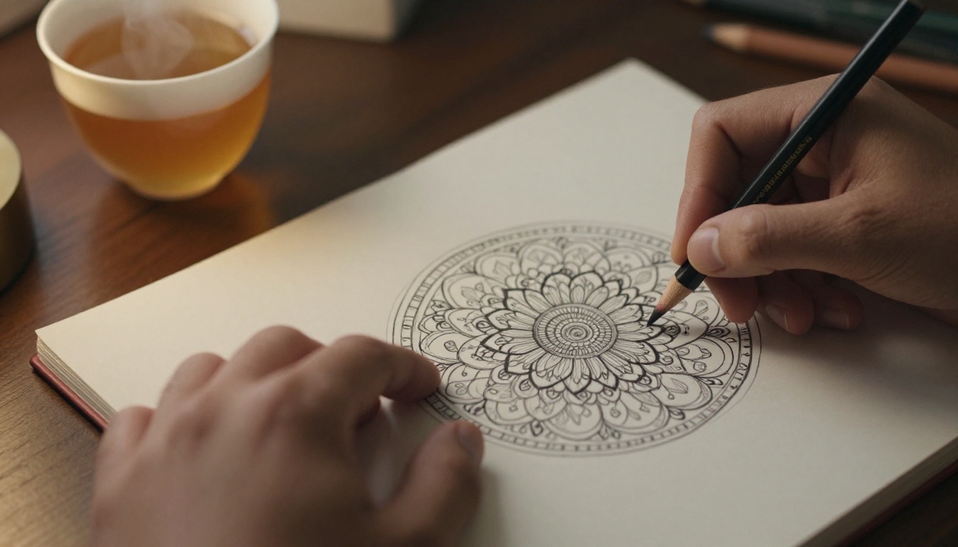 Adult hand shading a floral mandala with fine colored pencils Adult hand shading a floral mandala with fine colored pencils