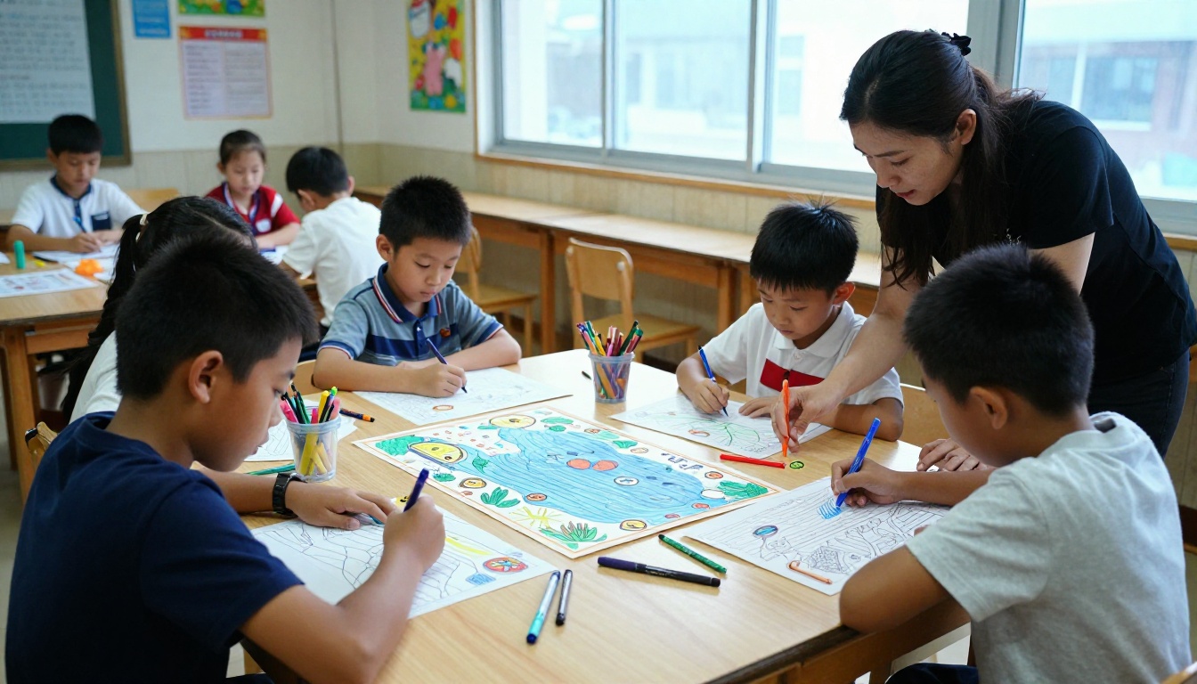 Children coloring a shared ocean page together at a classroom table Children coloring a shared ocean page together at a classroom table