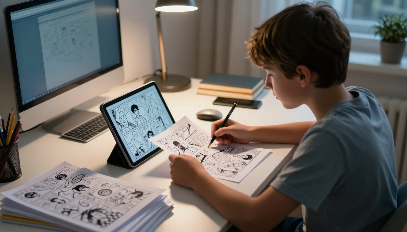 Boy scanning a hand-drawn comic page Boy scanning a hand-drawn comic page
