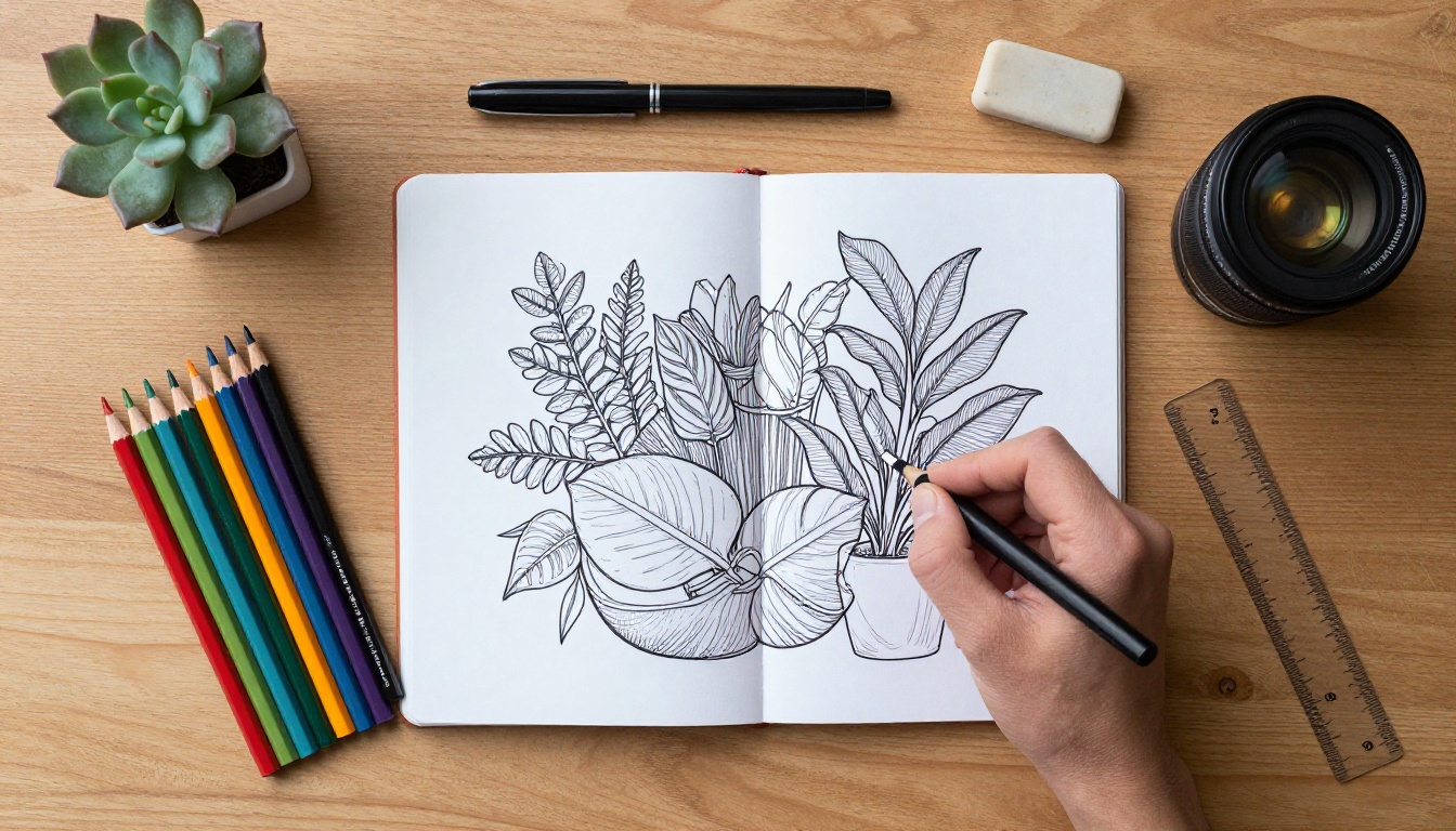 Flat lay of a desk with a half-colored botanical page and pencils Flat lay of a desk with a half-colored botanical page and pencils