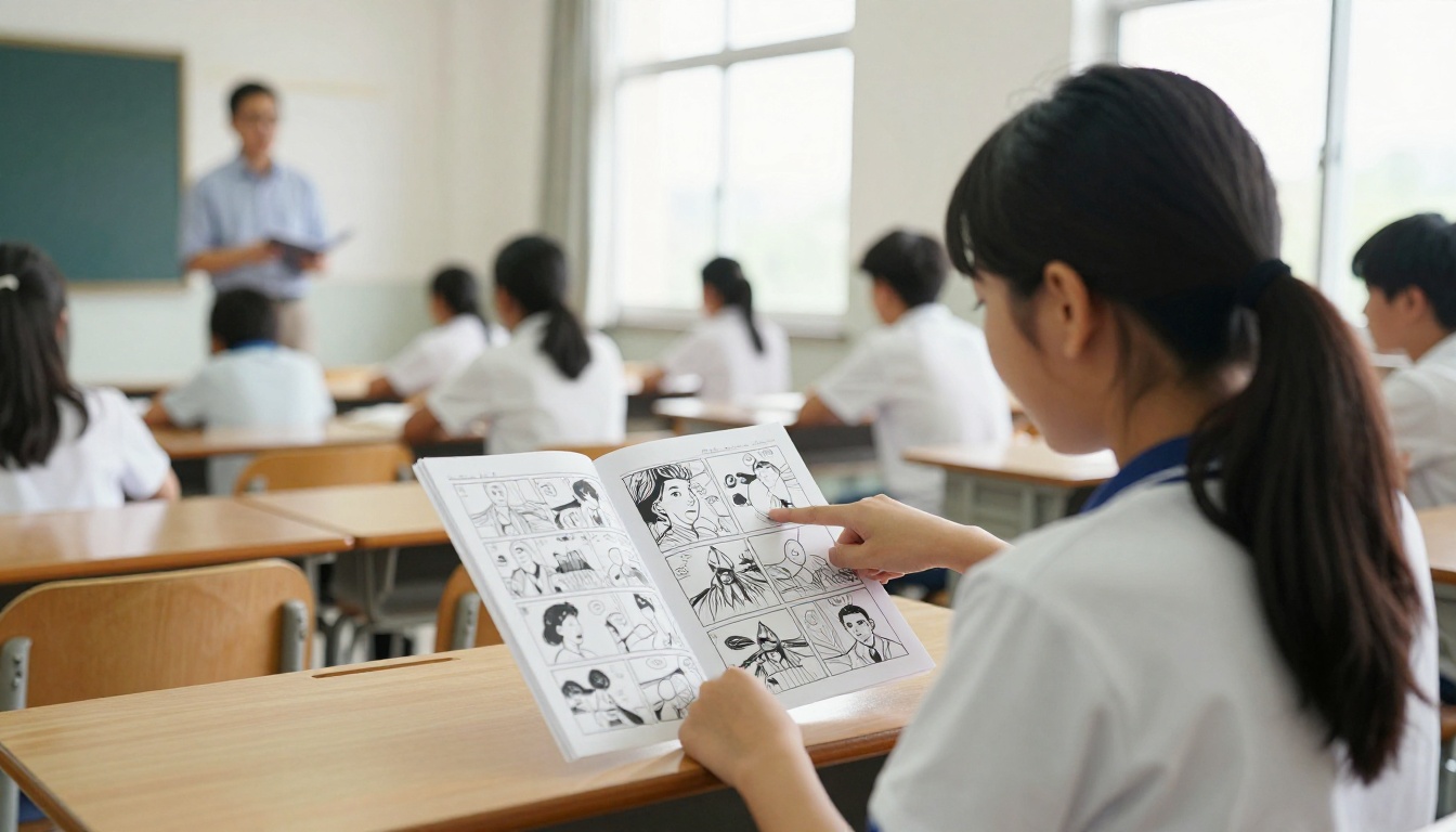 Teacher and student reviewing a printed comic booklet Teacher and student reviewing a printed comic booklet