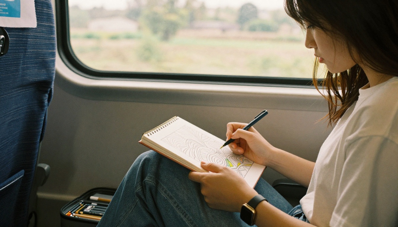 Young woman coloring a pattern page on a train seat Young woman coloring a pattern page on a train seat