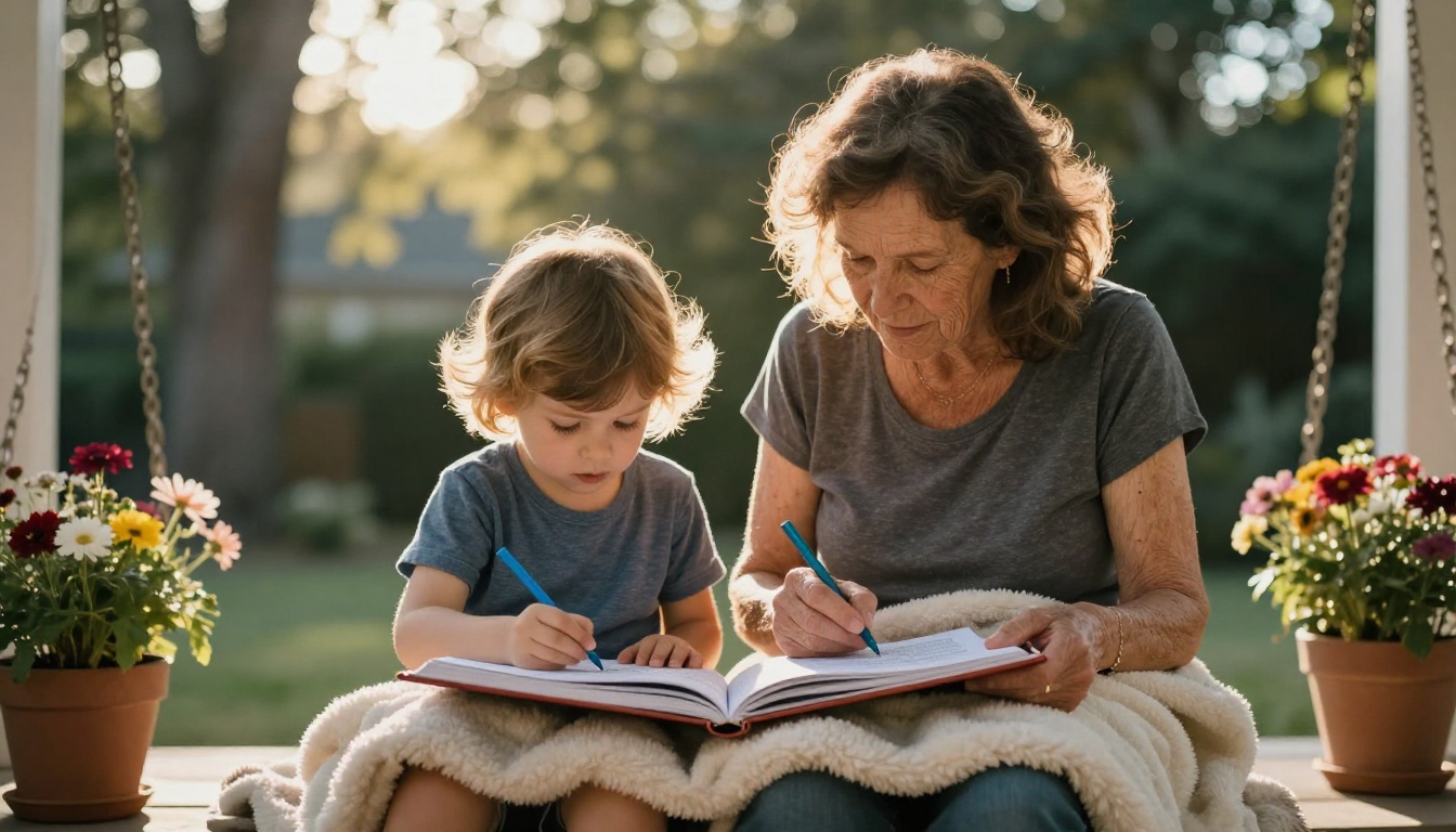 Grandmother and grandchild coloring together on a porch swing Grandmother and grandchild coloring together on a porch swing